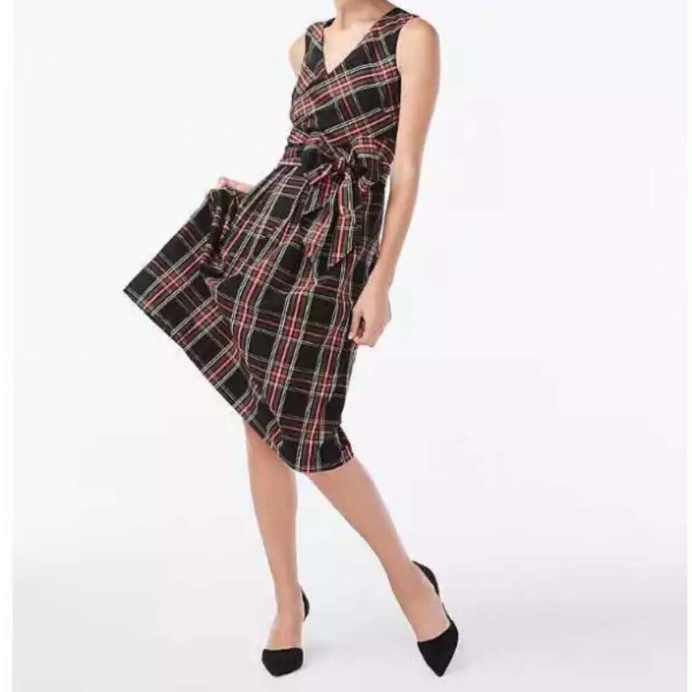 J. Crew Black Red Tartan Plaid V-Neck Bow Dress NWT Size 6 Christmas Holiday